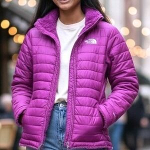 The North Face Girls Mossbud Swirl Reversible Jacket Purple XL 18 Quilted Fleece